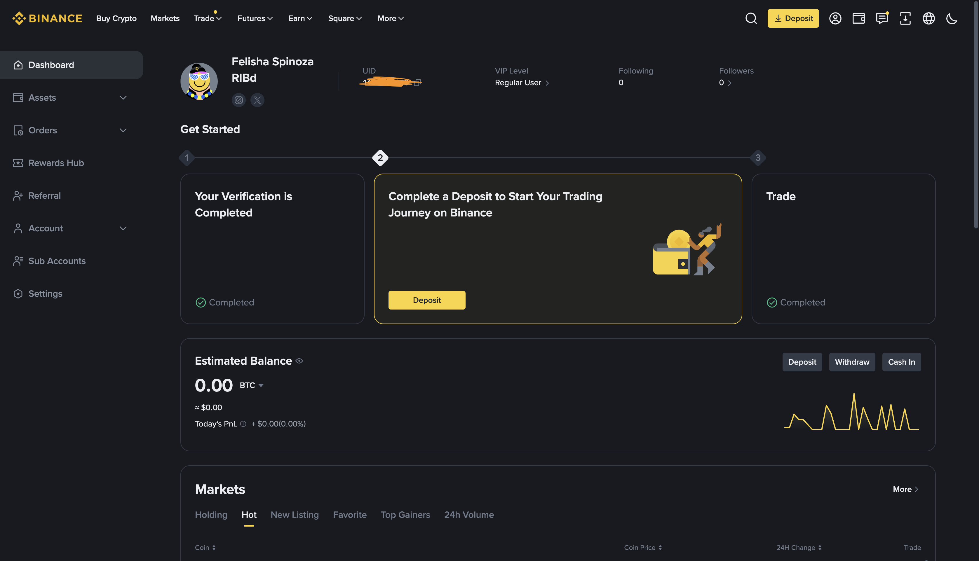 Binance – dashboard po založení účtu