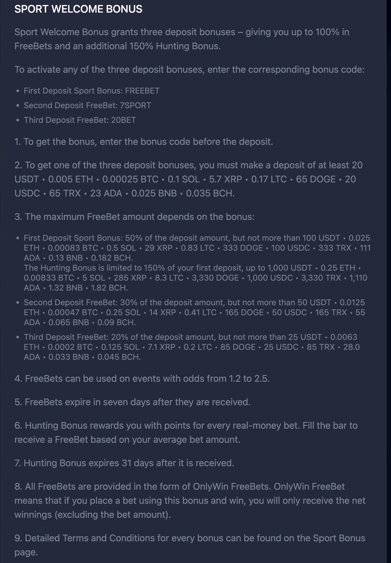 Sport welcome bonus - ukážka